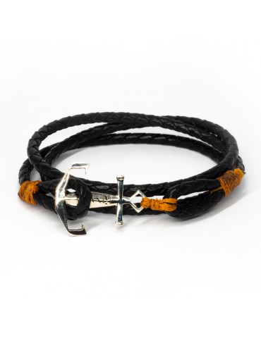 Bracelet Ancre marine Kinacou - cuir noir