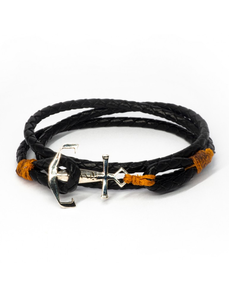 Bracelet Ancre marine Kinacou - cuir noir