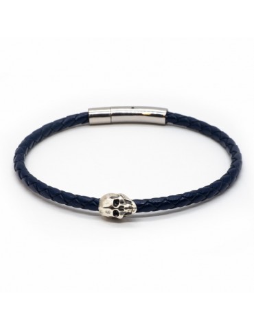 Bracelet Skull bleu marine homme Kinacou - Cuir tressé