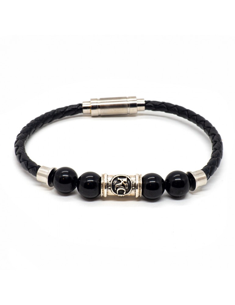 Bracelet homme Kinacou - Cuir noir et Perles Obsidienne