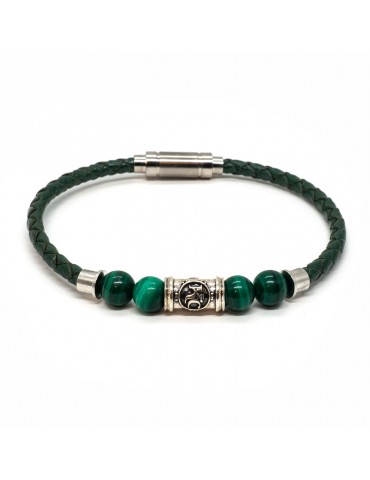 Bracelet homme Kinacou - Cuir vert et Perles malachite