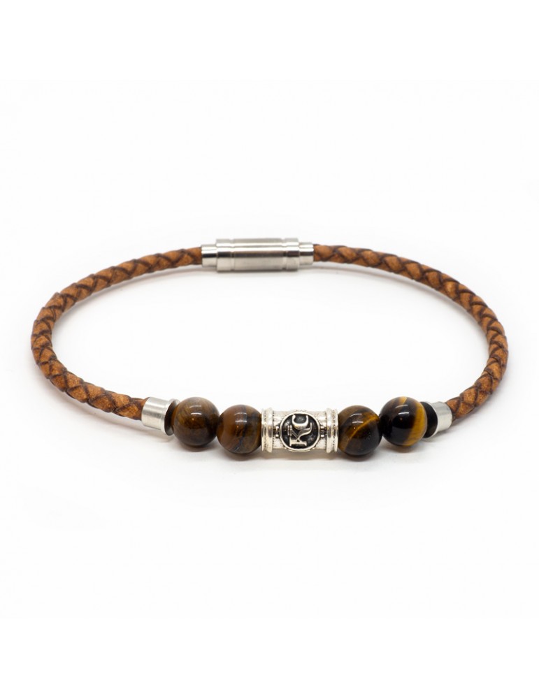 Bracelet homme Kinacou - Cuir marron et Perles Œil de Tigre