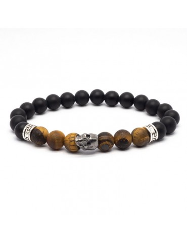Bracelet Skull noir Kinacou - Œil de Tigre et Obsidienne mat