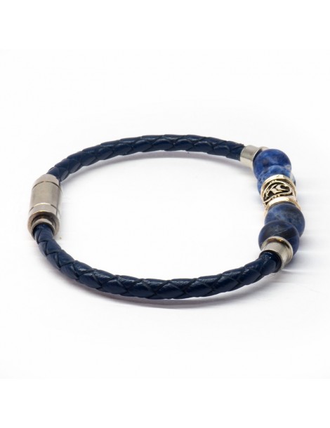 Bracelet homme Kinacou - Cuir bleu et Perles Sodalite